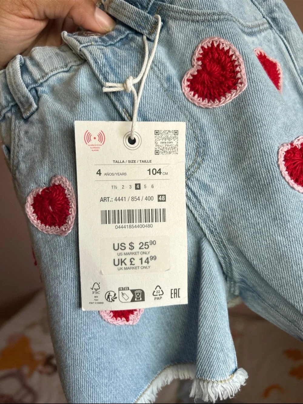 Zara Light Blue Denim Shorts with Red Heart Appliqués